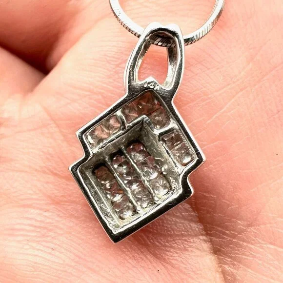 14K White Gold Womens Necklace Princess Cut Diamond Pendant - Picture 4 of 6
